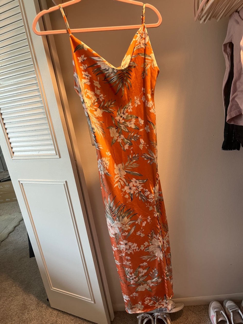 Women's Orange Floral Slip Maxi Dress with Cowl Neck